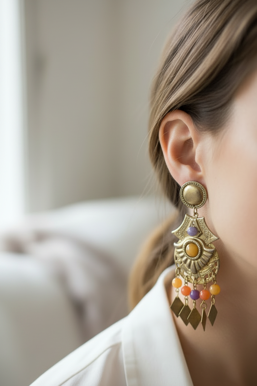 boucles d'oreilles vintage - doré argenté multicolore - perles pampilles - esprit égyptien antique - chic légère pendante