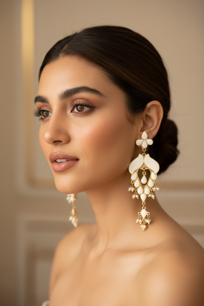 boucles d'oreilles vintage années 80 - neuf - émaille blanc doré - perles pampilles - élégante chic légère pendante