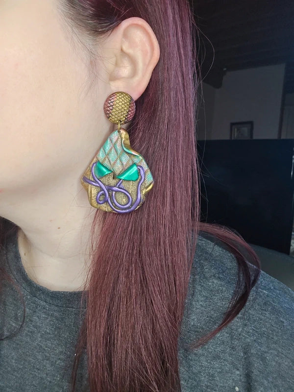 boucles d'oreilles vintage - vert violet doré - irisé texturé - effet croco serpent - rare - légères
