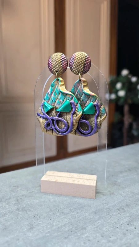 boucles d'oreilles vintage - vert violet doré - irisé texturé - effet croco serpent - rare - légères