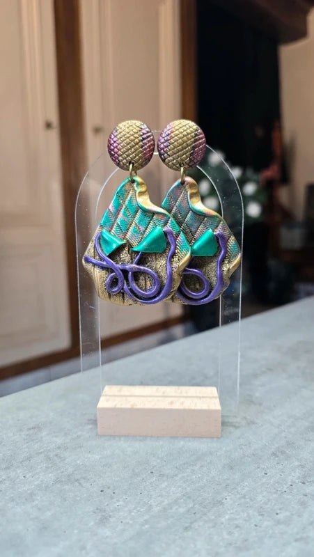 boucles d'oreilles vintage - vert violet doré - irisé texturé - effet croco serpent - rare - légères