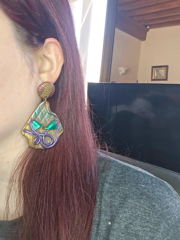 boucles d'oreilles vintage - vert violet doré - irisé texturé - effet croco serpent - rare - légères