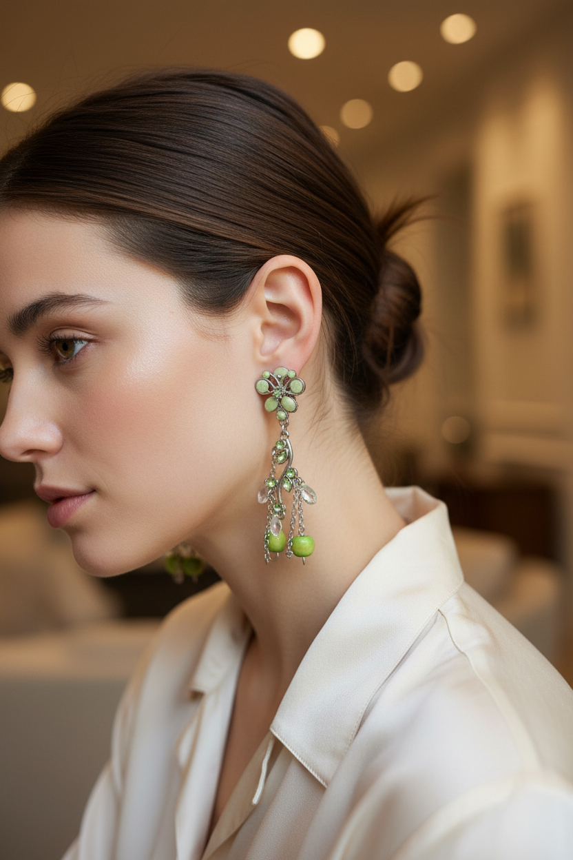 boucles d'oreilles vintage - neuf - à clips - argenté vert - perles facette strass fleurs papillon - légère tendance