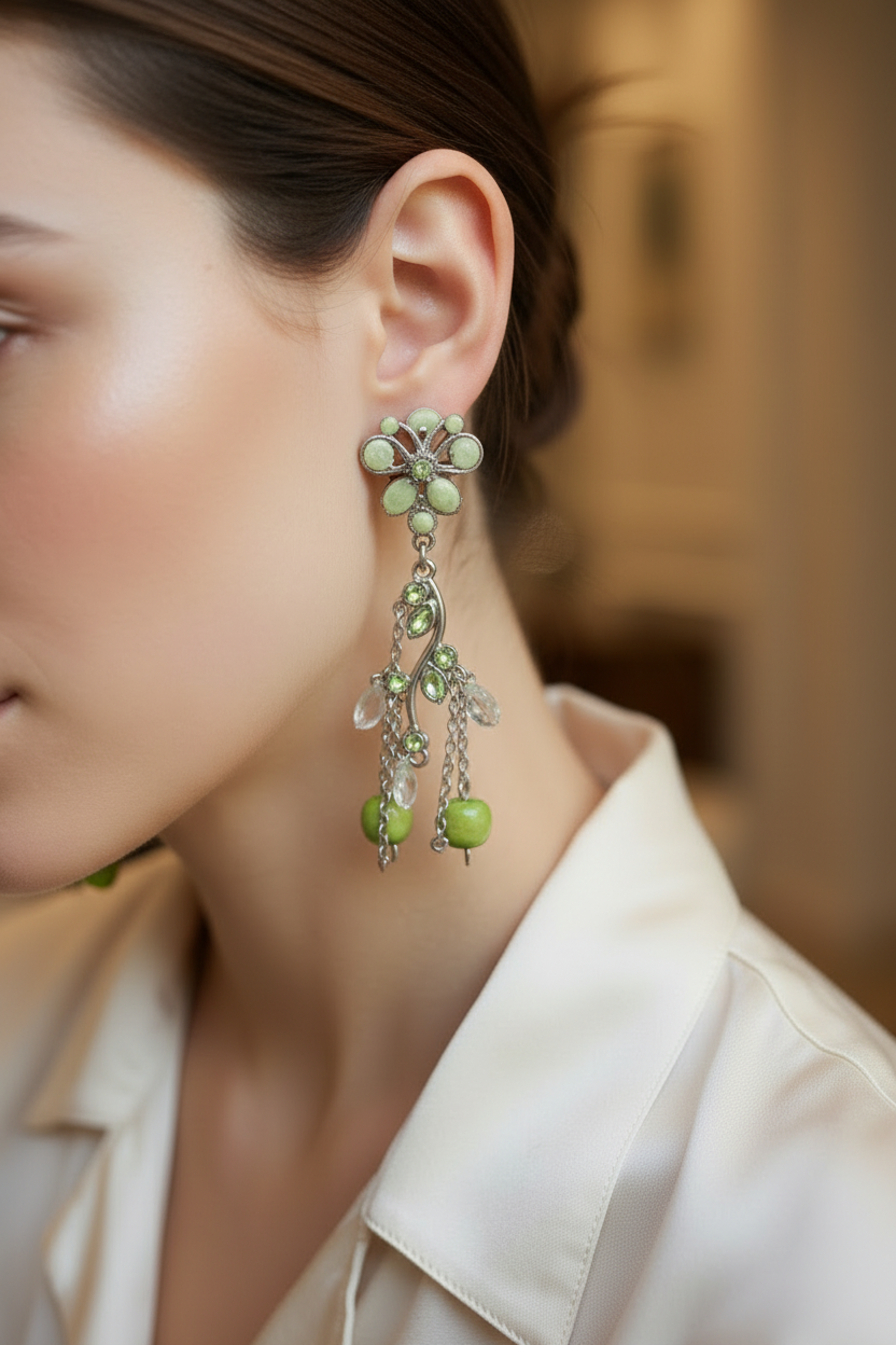 boucles d'oreilles vintage - neuf - à clips - argenté vert - perles facette strass fleurs papillon - légère tendance