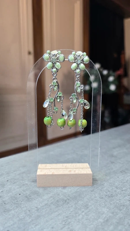 boucles d'oreilles vintage - neuf - à clips - argenté vert - perles facette strass fleurs papillon - légère tendance
