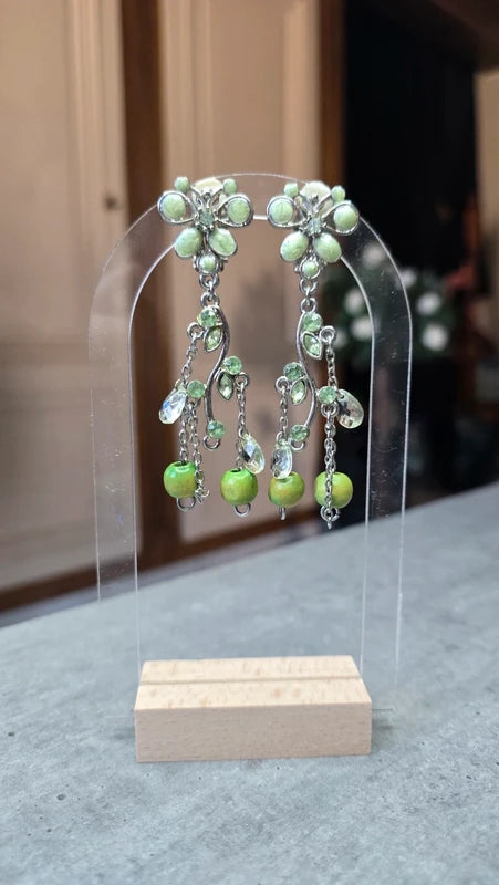 boucles d'oreilles vintage - neuf - à clips - argenté vert - perles facette strass fleurs papillon - légère tendance