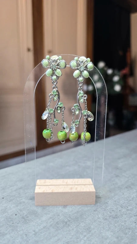 boucles d'oreilles vintage - neuf - à clips - argenté vert - perles facette strass fleurs papillon - légère tendance