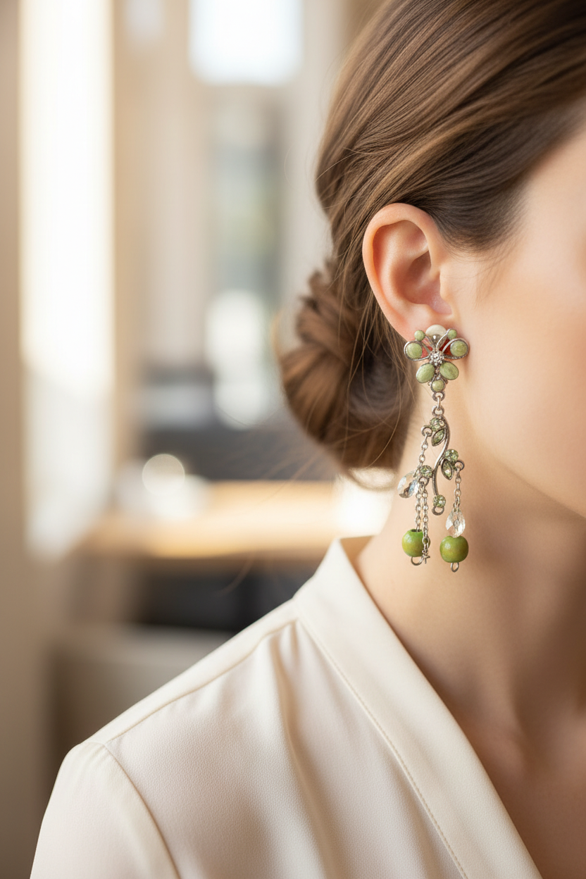 boucles d'oreilles vintage - neuf - à clips - argenté vert - perles facette strass fleurs papillon - légère tendance