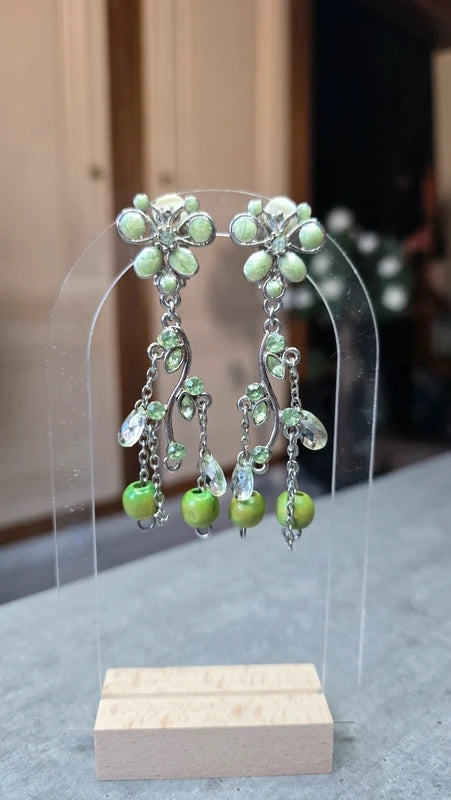 boucles d'oreilles vintage - neuf - à clips - argenté vert - perles facette strass fleurs papillon - légère tendance