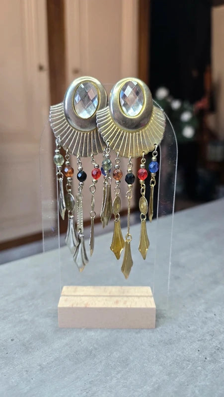 boucles d'oreilles vintage - doré argenté - pampilles perles colorées - esprit antique ethnique egyptien - pendante légère - rare