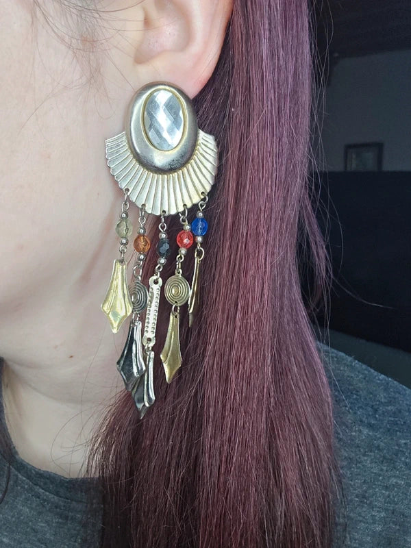 boucles d'oreilles vintage - doré argenté - pampilles perles colorées - esprit antique ethnique egyptien - pendante légère - rare