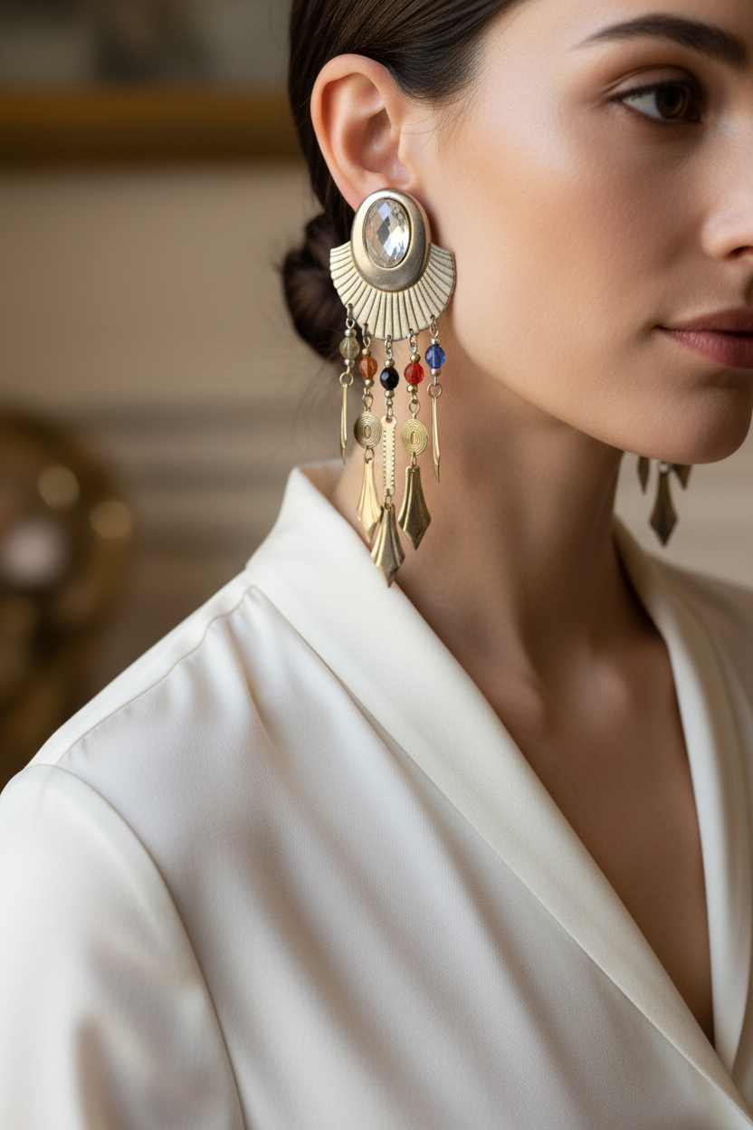 boucles d'oreilles vintage - doré argenté - pampilles perles colorées - esprit antique ethnique egyptien - pendante légère - rare