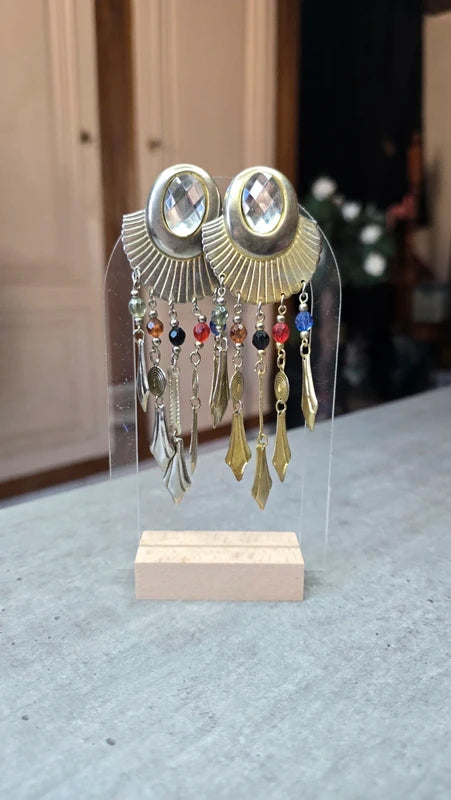 boucles d'oreilles vintage - doré argenté - pampilles perles colorées - esprit antique ethnique egyptien - pendante légère - rare