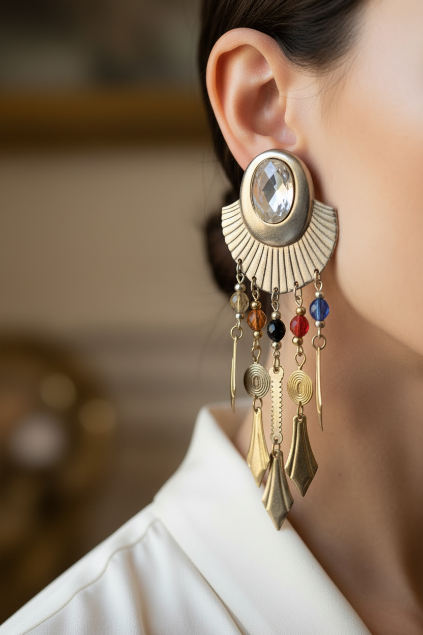 boucles d'oreilles vintage - doré argenté - pampilles perles colorées - esprit antique ethnique egyptien - pendante légère - rare
