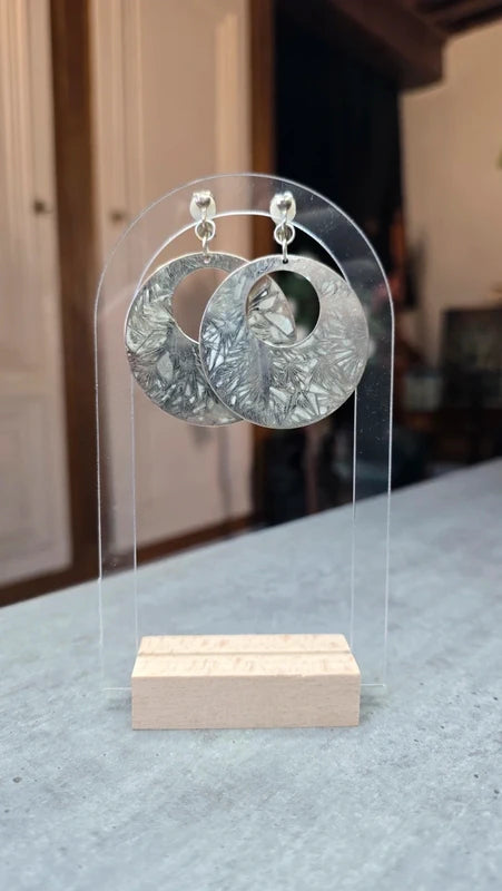 boucles d'oreilles vintage - a clips - ronde - argentées effet marbré patiné alu gris - rétro chic - légère pendante