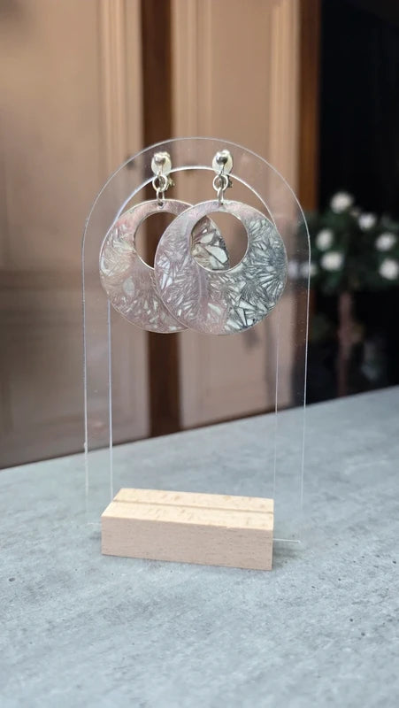 boucles d'oreilles vintage - a clips - ronde - argentées effet marbré patiné alu gris - rétro chic - légère pendante
