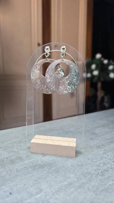 boucles d'oreilles vintage - a clips - ronde - argentées effet marbré patiné alu gris - rétro chic - légère pendante
