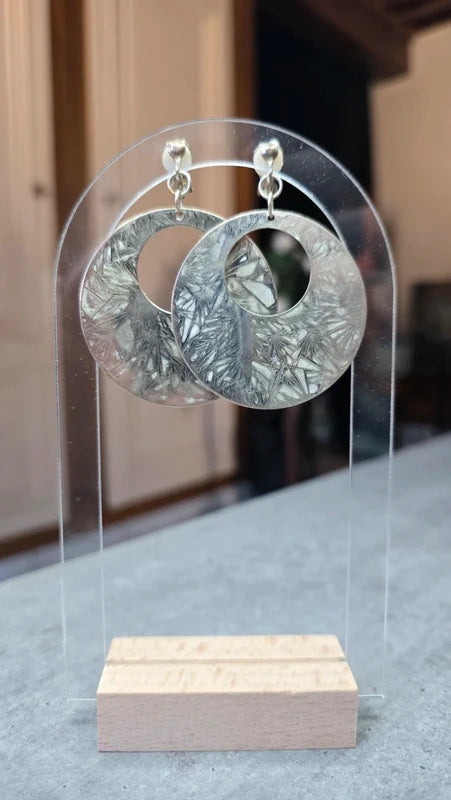 boucles d'oreilles vintage - a clips - ronde - argentées effet marbré patiné alu gris - rétro chic - légère pendante