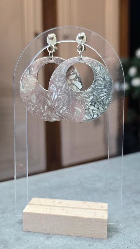 boucles d'oreilles vintage - a clips - ronde - argentées effet marbré patiné alu gris - rétro chic - légère pendante