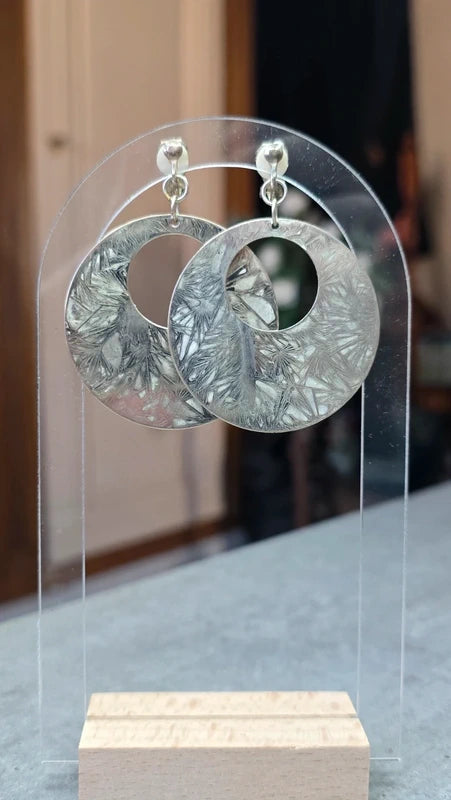 boucles d'oreilles vintage - a clips - ronde - argentées effet marbré patiné alu gris - rétro chic - légère pendante