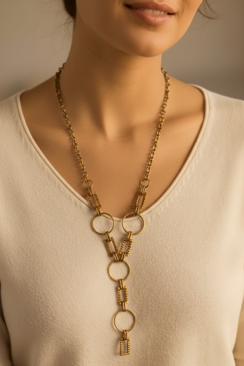 collier vintage - doré vieilli - chaine gros maillon texturé - long sautoir - tendance