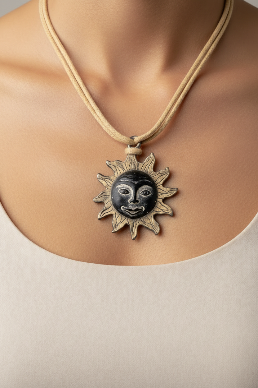 collier vintage années 80 - neuf - cordon - noir beige - pendentif soleil - esprit egyptien antique ethnique