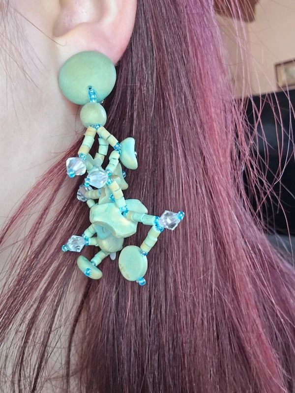 boucles d'oreilles vintage - neuf - à clips - bleu vert beige - fleurs perles lune rond - bohème