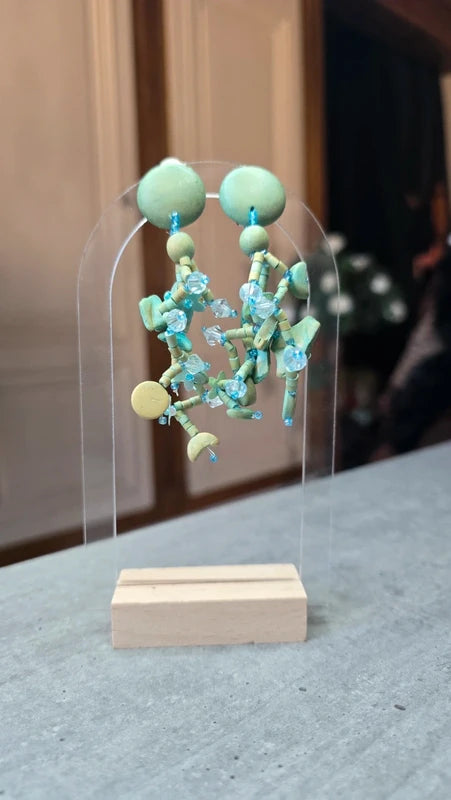 boucles d'oreilles vintage - neuf - à clips - bleu vert beige - fleurs perles lune rond - bohème