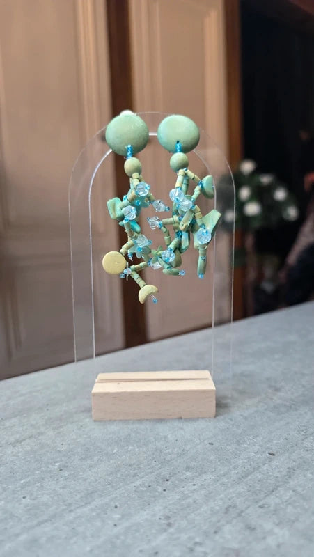 boucles d'oreilles vintage - neuf - à clips - bleu vert beige - fleurs perles lune rond - bohème