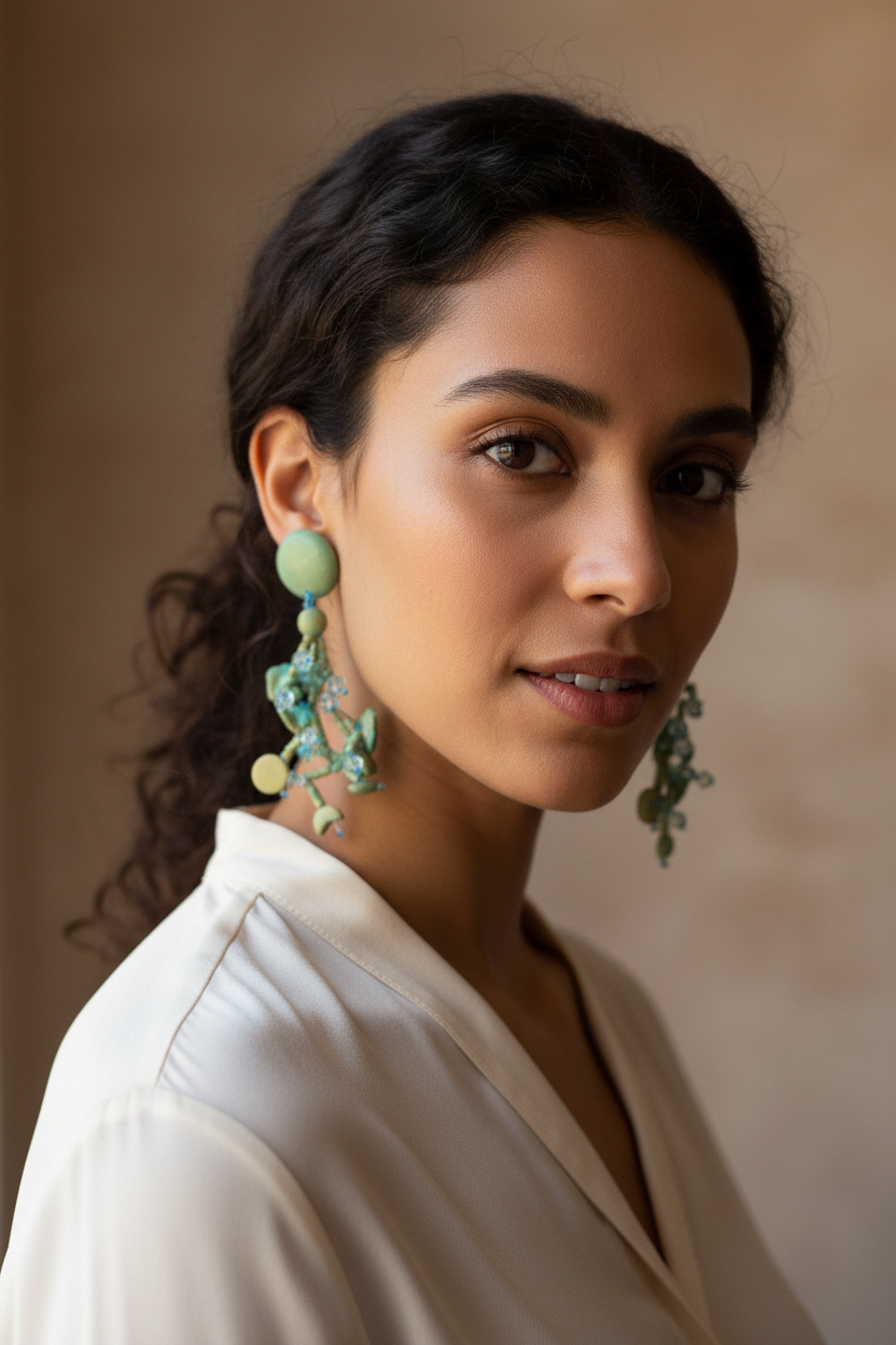 boucles d'oreilles vintage - neuf - à clips - bleu vert beige - fleurs perles lune rond - bohème