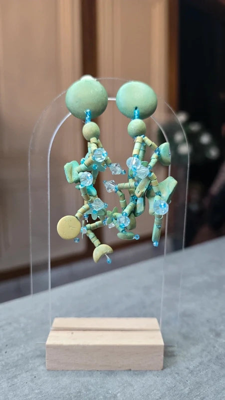 boucles d'oreilles vintage - neuf - à clips - bleu vert beige - fleurs perles lune rond - bohème