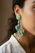 boucles d'oreilles vintage - neuf - à clips - bleu vert beige - fleurs perles lune rond - bohème