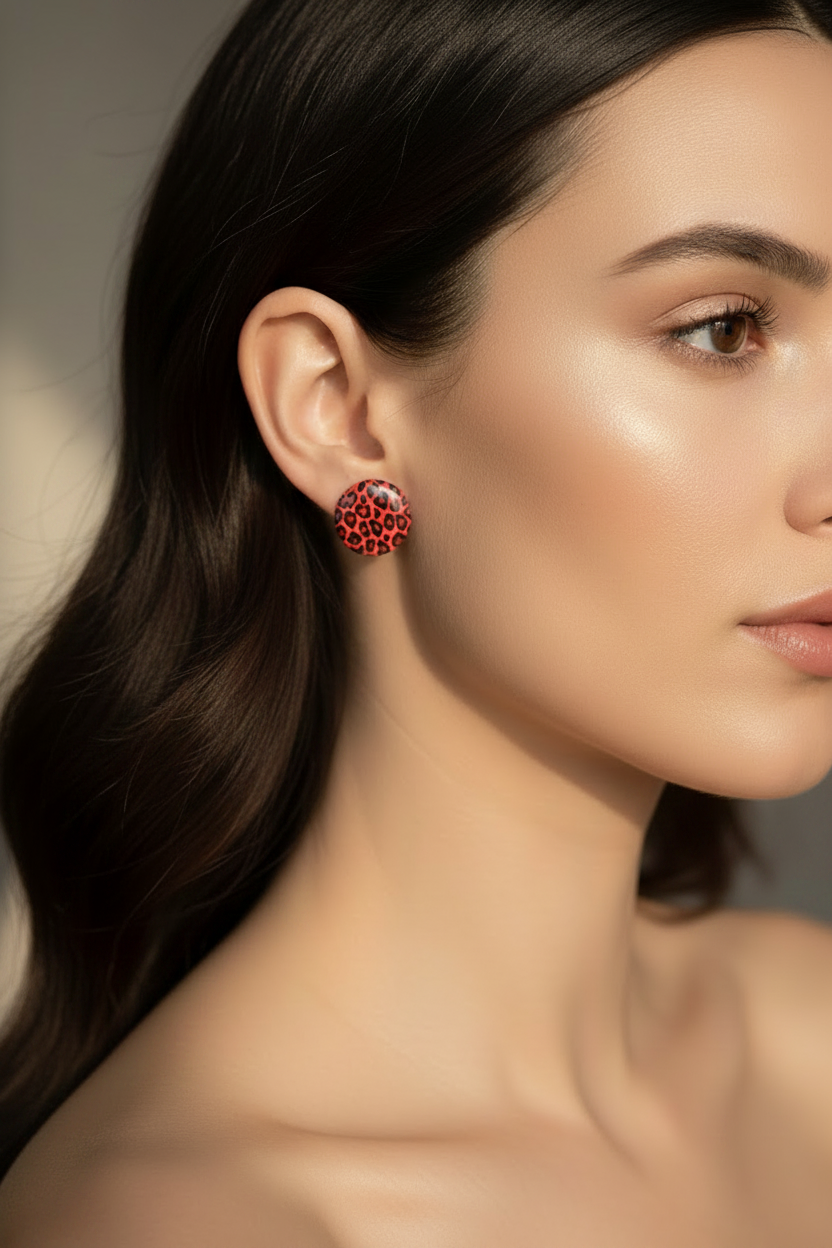boucles d'oreilles - neuf - ronde - leopard rouge noir - tendance original