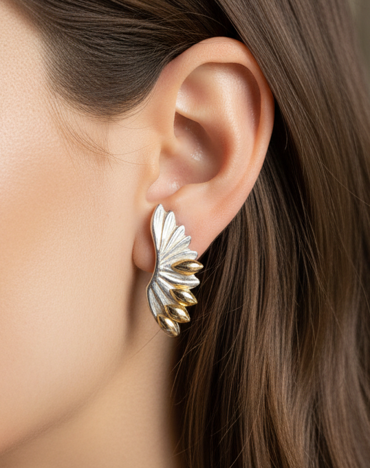 boucles d'oreilles vintage années 80 - à clips - rare - ailes argent doré - tendance original