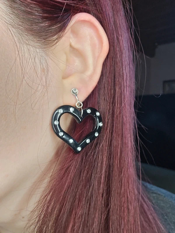 boucles d'oreilles vintage - neuf - Y2K années 2000 - à clips - coeur noir strass argenté - légère pendante rétro cute