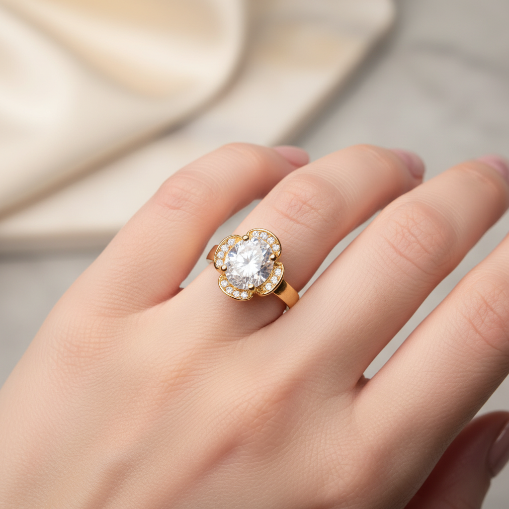 bague vintage - doré - fleur grande pierre brillante entouré de strass - chic élégant - 18 mm