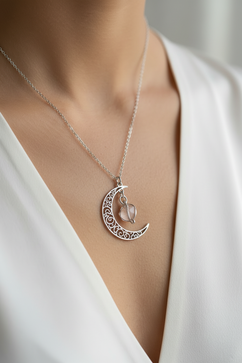 collier vintage  neuf - effet mystique céleste - chaine argenté - pendentif lune gravé ajouré avec pierre