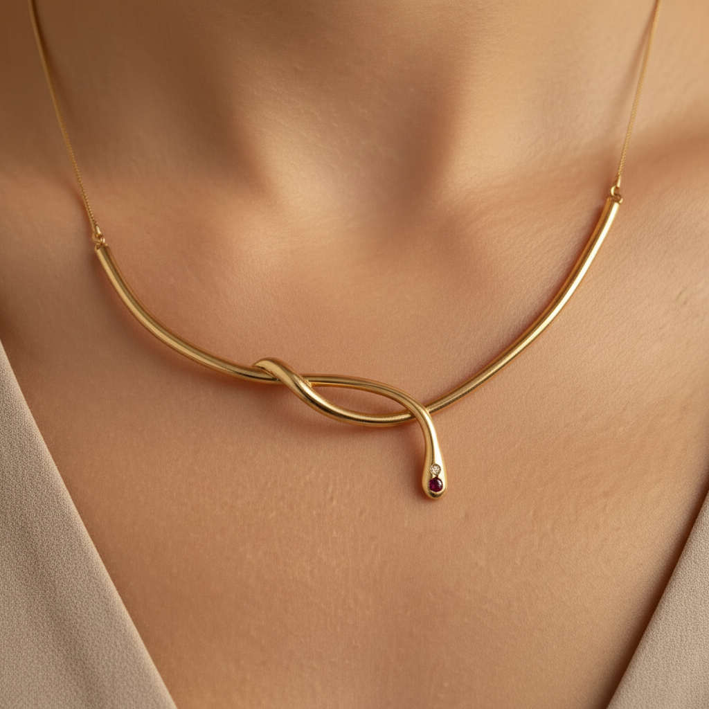 collier vintage chic - neuf - acier inoxydable - chaine doré pendentif noeud serpent pierre rose strass argenté - élégant