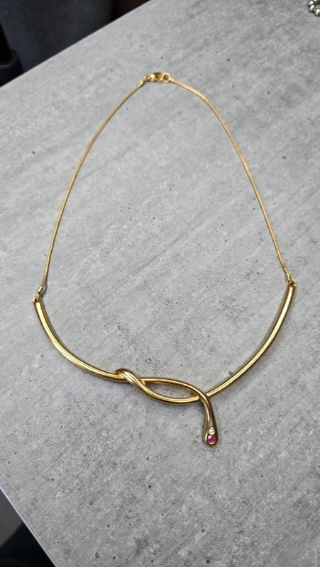 collier vintage chic - neuf - acier inoxydable - chaine doré pendentif noeud serpent pierre rose strass argenté - élégant