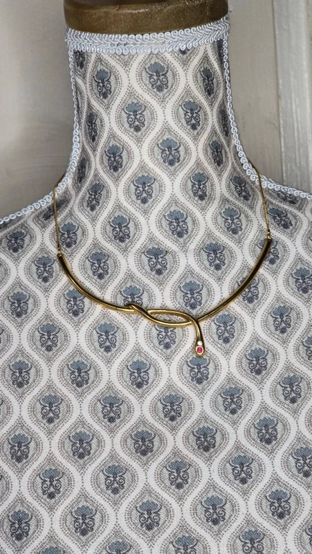 collier vintage chic - neuf - acier inoxydable - chaine doré pendentif noeud serpent pierre rose strass argenté - élégant