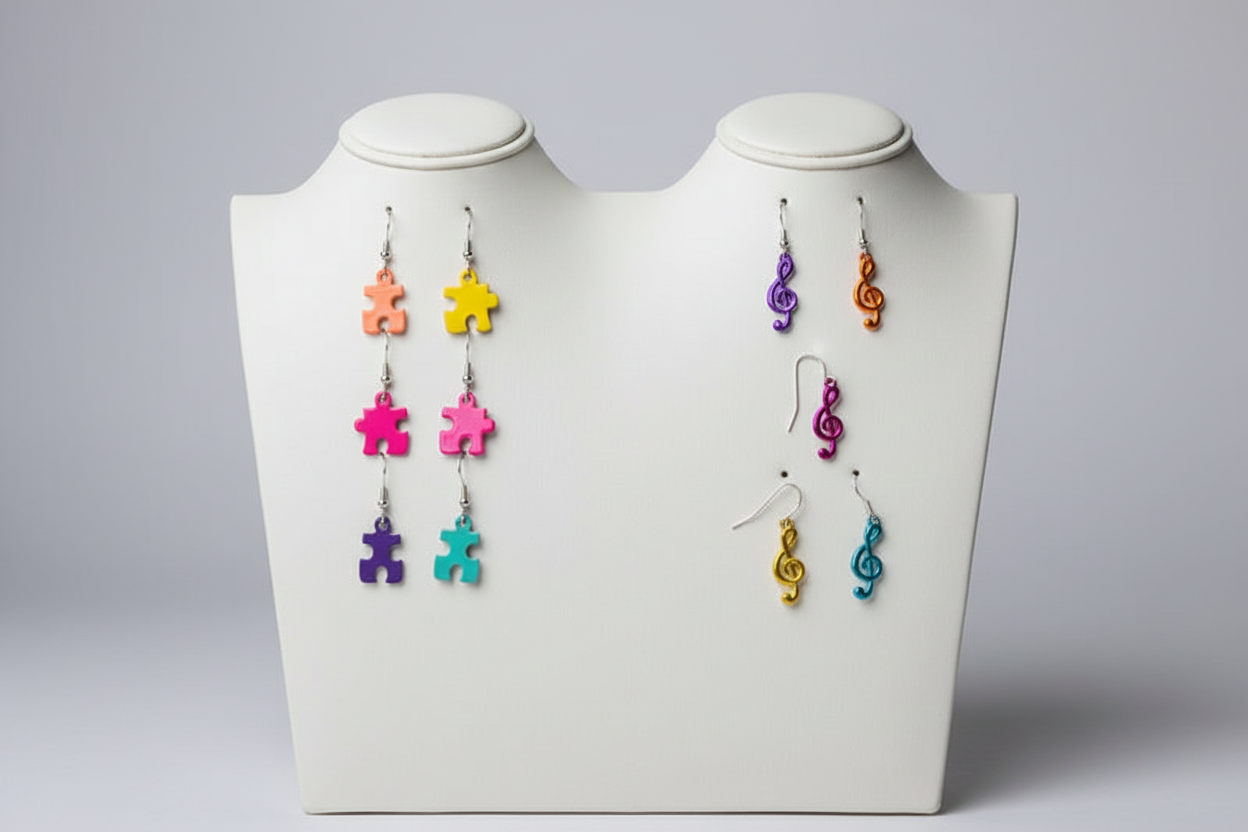 boucle d'oreilles - neuf - forme puzzle ou forme note musique - lot de 5 ou 10 - légère - orange jaune rose violet bleu - femme fille