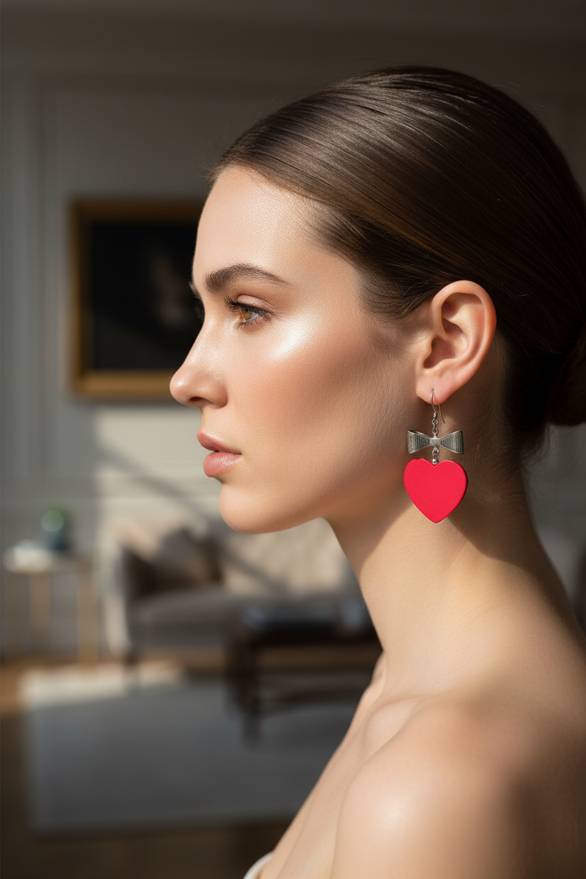boucles d'oreilles vintage - années 80 - neuf - noeud argenté vieilli coeur rouge bois - légères pendantes