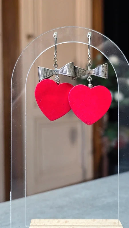 boucles d'oreilles vintage - années 80 - neuf - noeud argenté vieilli coeur rouge bois - légères pendantes