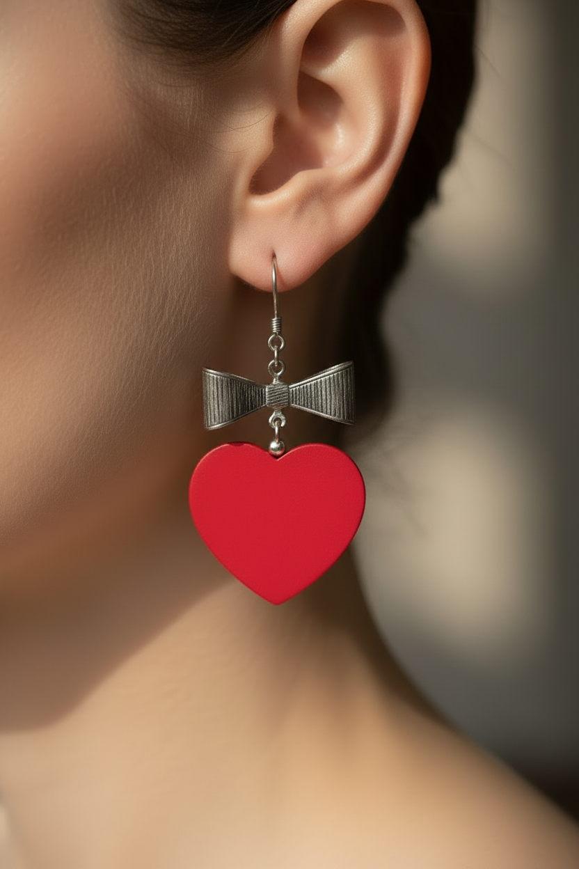 boucles d'oreilles vintage - années 80 - neuf - noeud argenté vieilli coeur rouge bois - légères pendantes