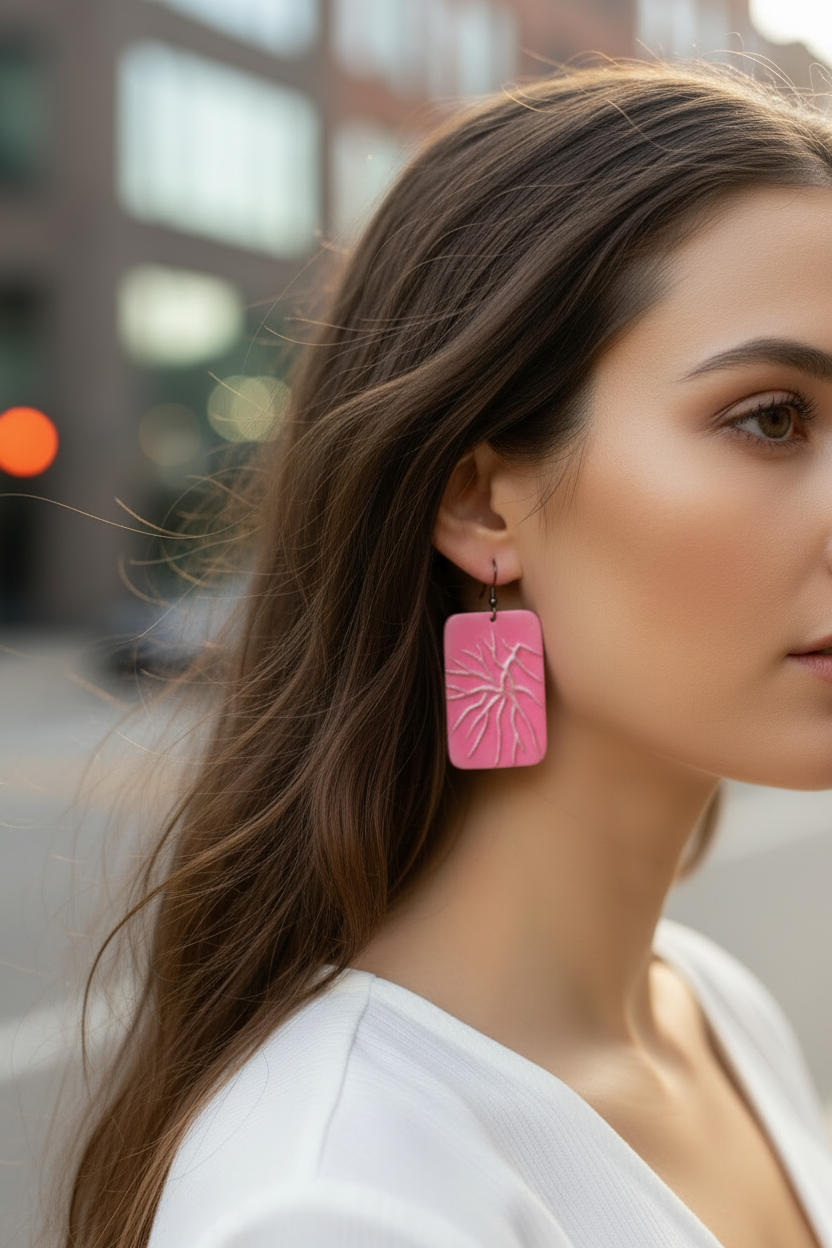boucles d'oreilles vintage années 80 - neuf  - rose nervuré - paillettes - pendante légère rétro pop