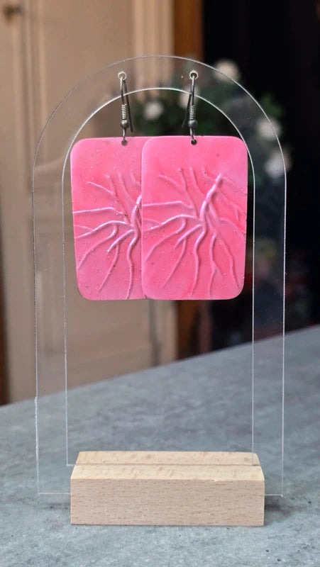 boucles d'oreilles vintage années 80 - neuf  - rose nervuré - paillettes - pendante légère rétro pop