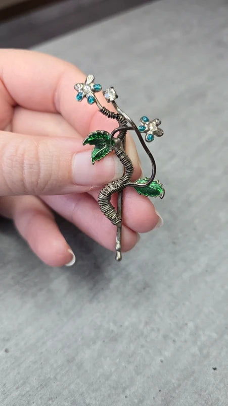 barrette vintage - neuf- en laiton - argenté bleu vert - fleurs strass feuilles torsade - rare