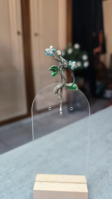 barrette vintage - neuf- en laiton - argenté bleu vert - fleurs strass feuilles torsade - rare