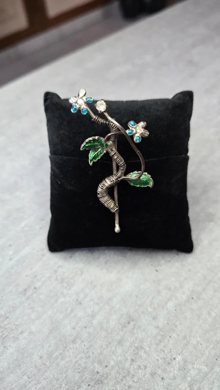 barrette vintage - neuf- en laiton - argenté bleu vert - fleurs strass feuilles torsade - rare