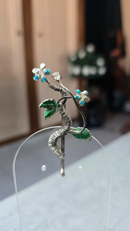 barrette vintage - neuf- en laiton - argenté bleu vert - fleurs strass feuilles torsade - rare